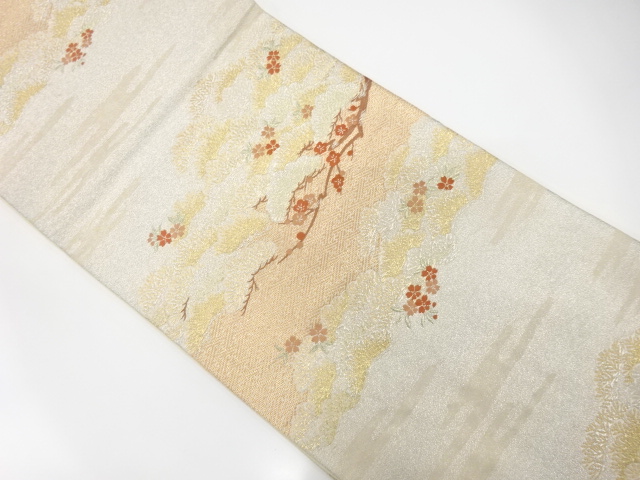 JAPANESE KIMONO / ANTIQUE FUKURO OBI / SILK / WOVEN SAKURA